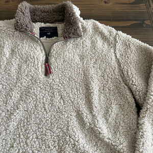 Mens Southern Marsh Beige Sherpa Quarter-Zip Pullover Sweater S Brown Trim Fleec